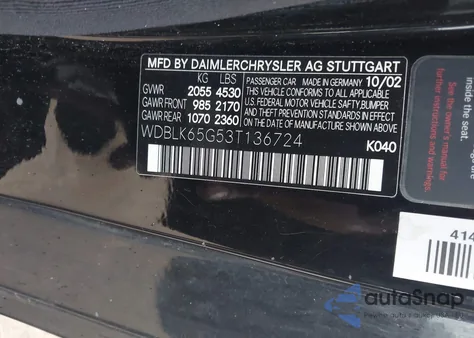 2003 Mercedes-Benz Clk 320 from USA, damaged, VIN WDBLK65G53T136724